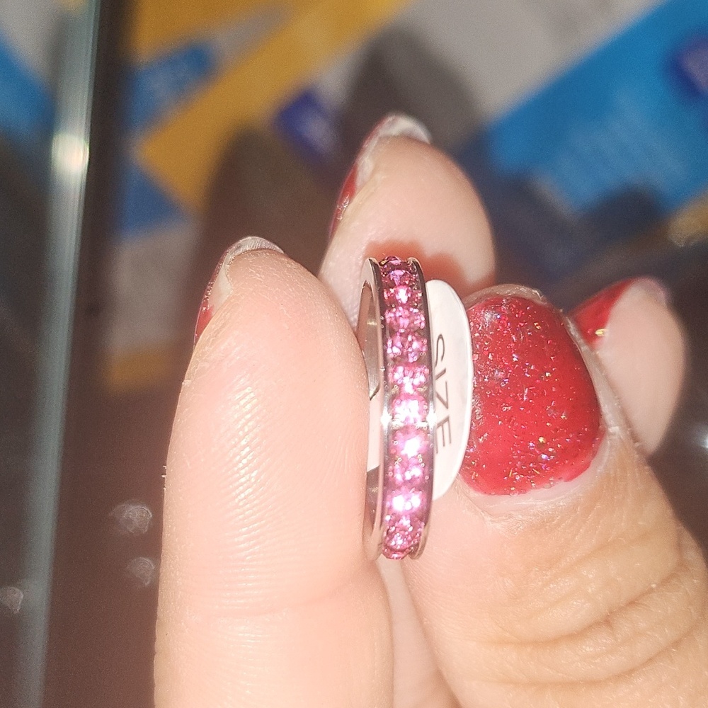Pink  CZ Stainless Steel Eternity Band Ring And October Birthstone